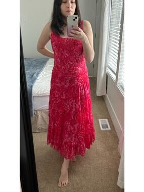 Vintage Jones New York Pink floral scoop neck tiered chiffon maxi/midi dress 12